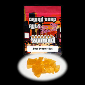 “Grand Terp Auto Sour Diesel shatter concentrate featuring translucent light golden shatter with a clear glass-like appearance and stable texture.”